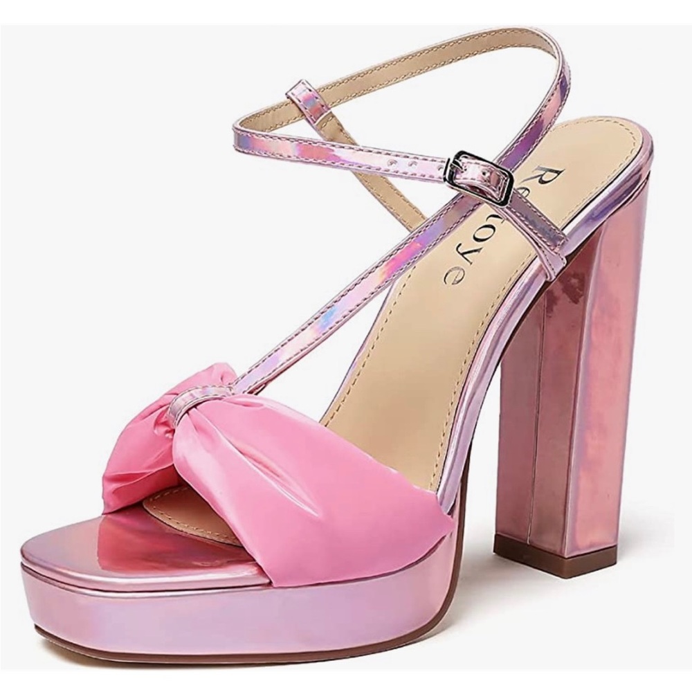 Pink Holographic Square Toe Chunky Heels, Ankle T Strap - Size 10 NEW